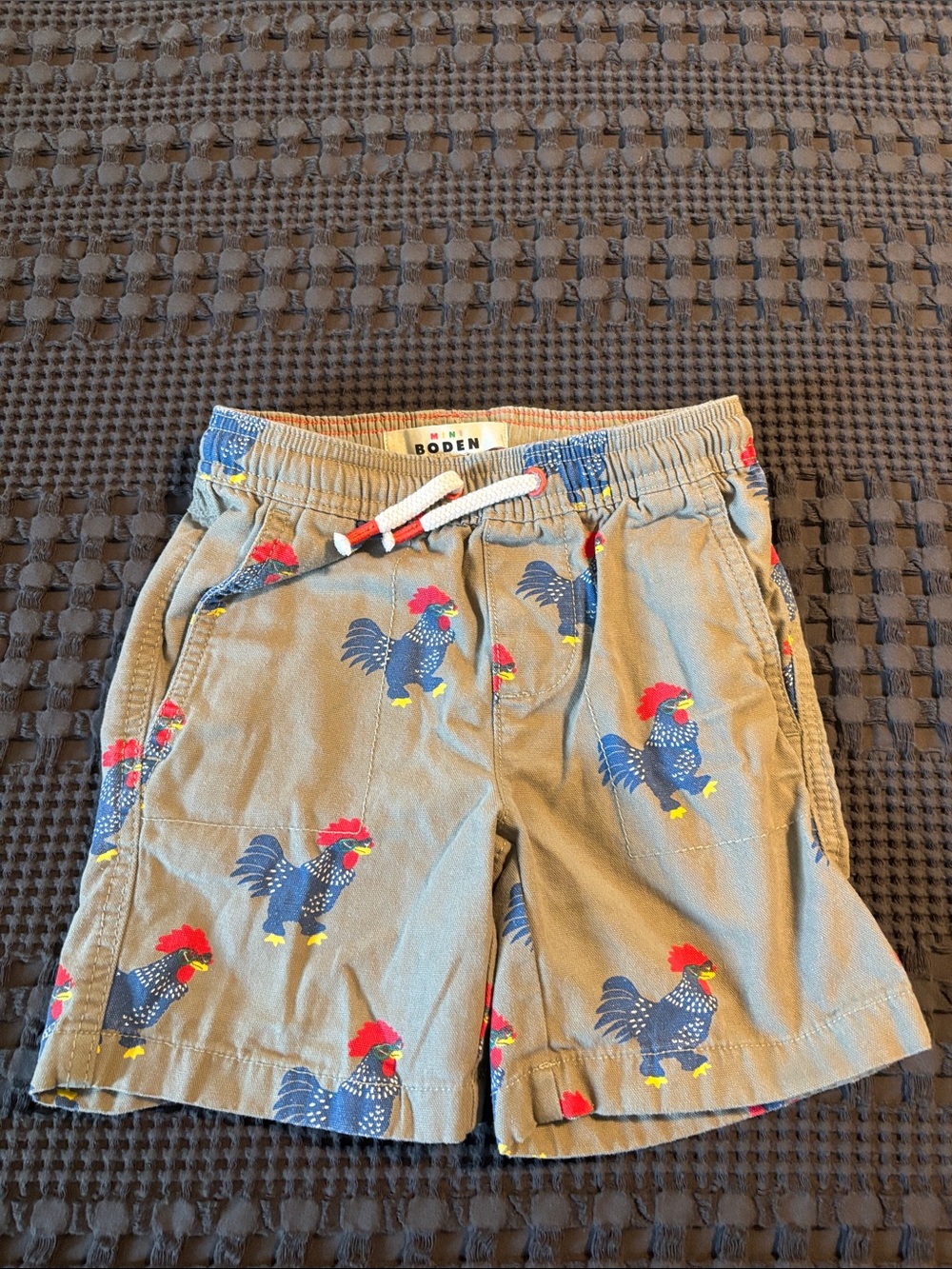 Boden Kids Rooster Print Drawstring Shorts - Tan, Navy & Red